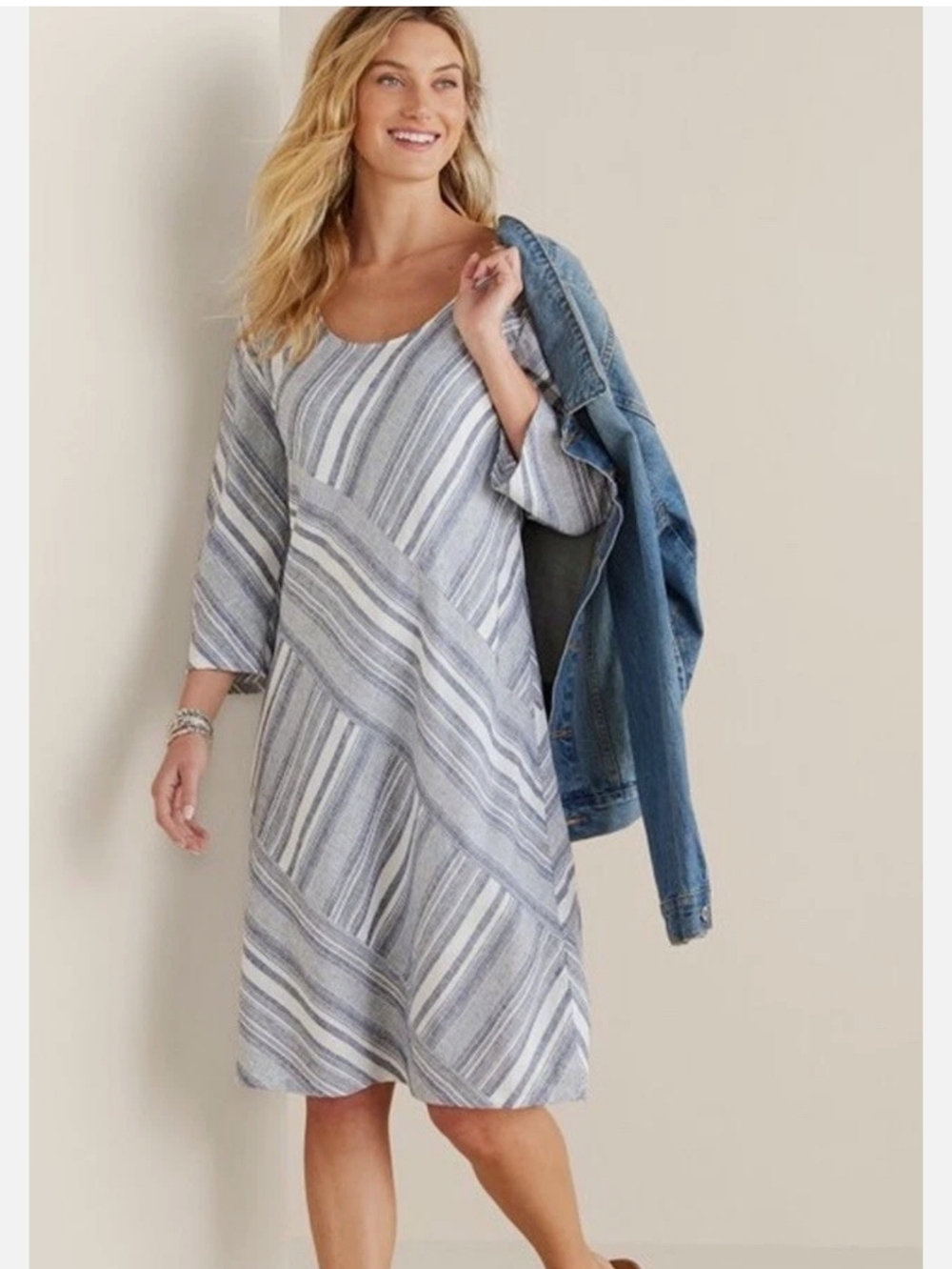 Soft Surrounding Sonya Linen Midi Striped Dress 3/4 Sleeve Size XL